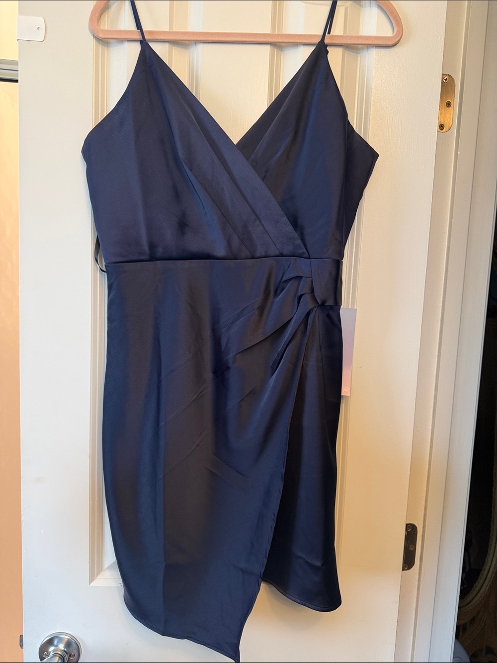 Navy Satin Wrap Mini Dress with Spaghetti Straps